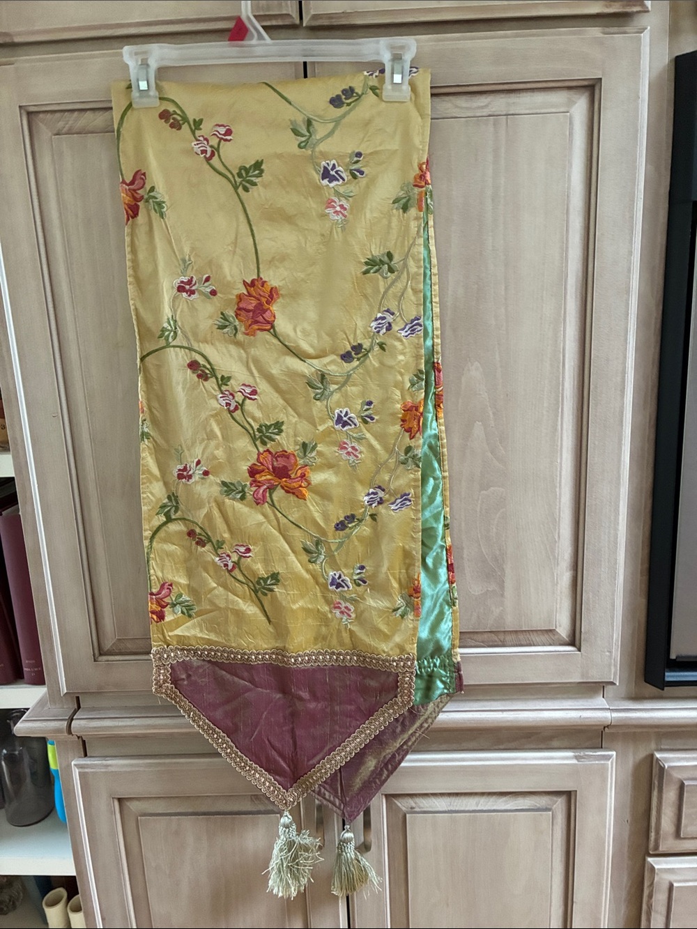 Elegant Yellow Floral Satin Panel table runner with Tassel Detail
